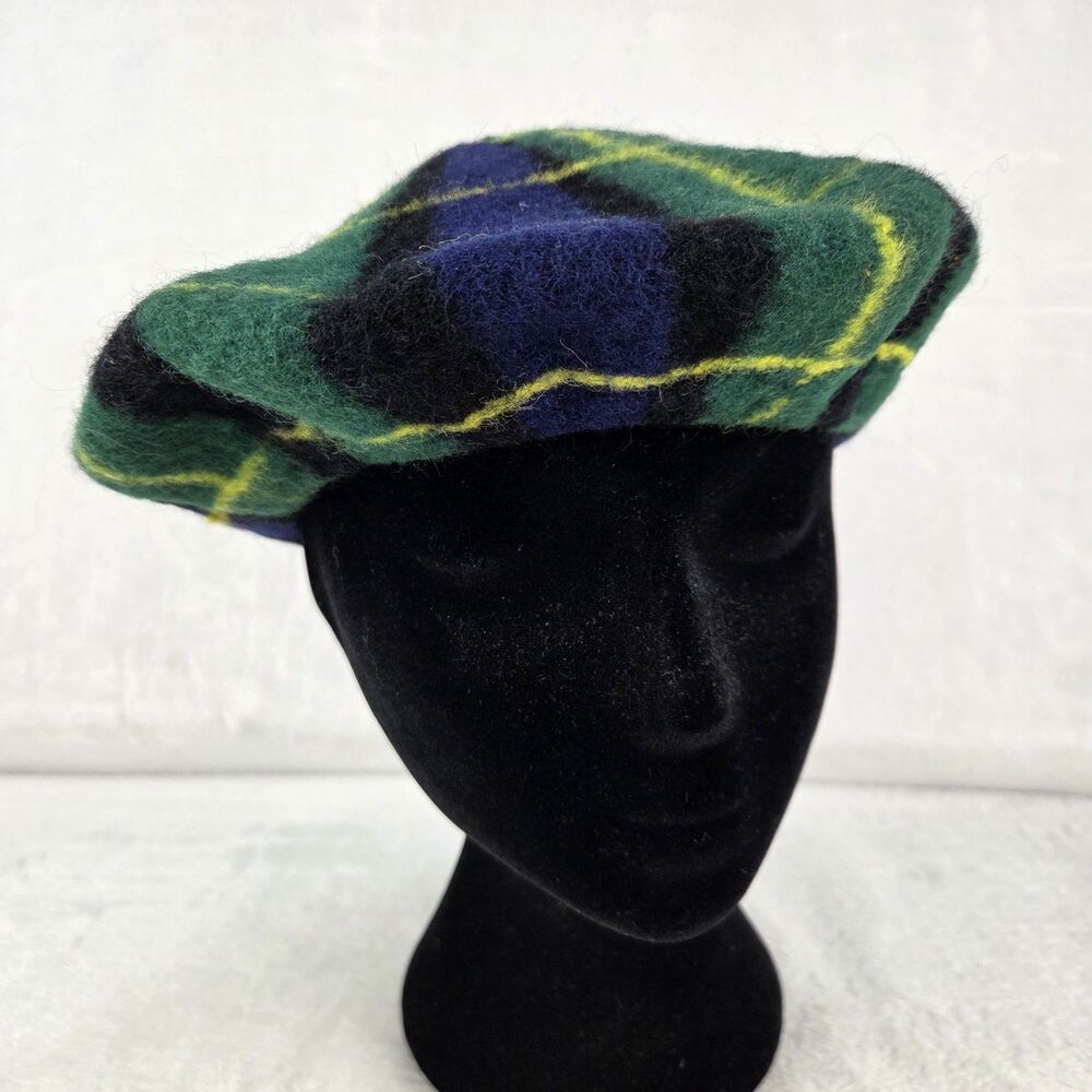 Vintage Gordon Scotland 100% Wool Plaid Tam‎ Beret Hat Green Blue